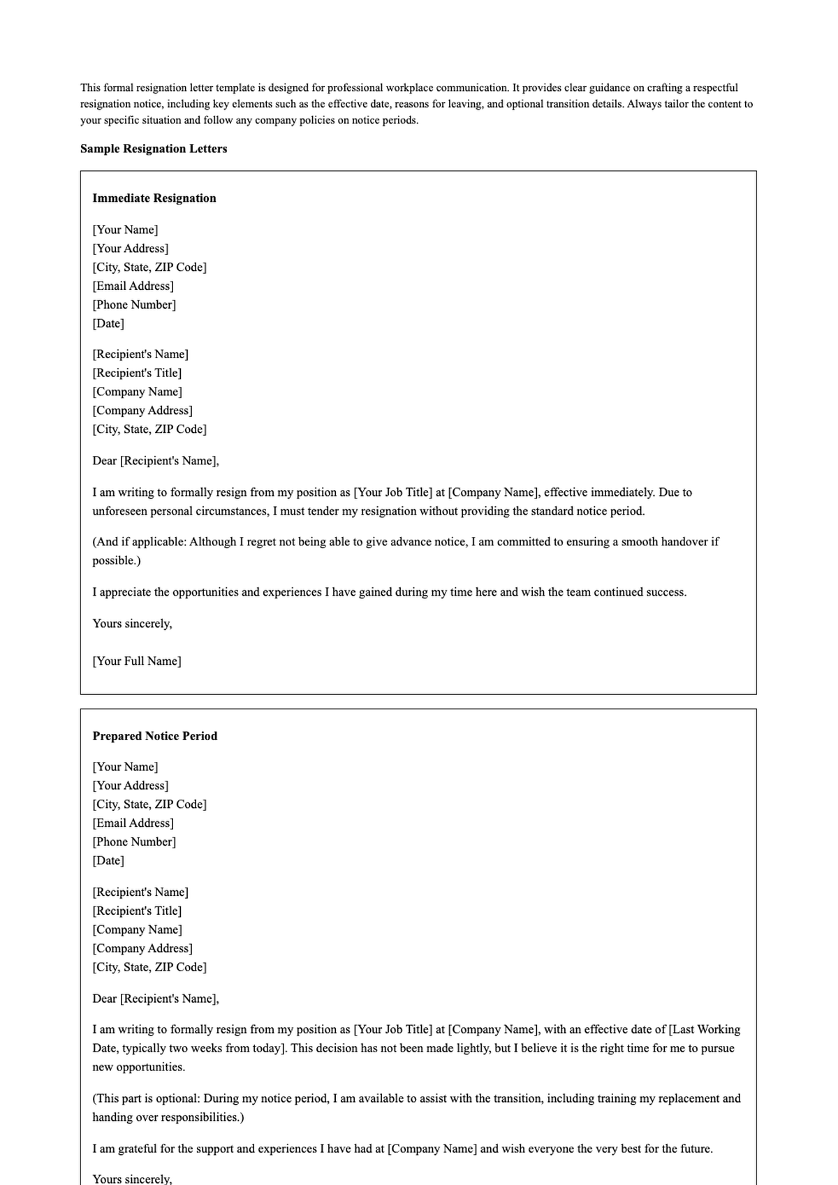 Professional resignation letter templates with sample formats for immediate and notice period_variant_3